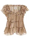 Isabel Marant Étoile Ruffled Sleeve Printed Top With Elastic Neckline In Beige