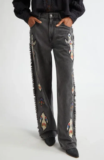 Isabel Marant Étoile Maella Embroidered Fringe Detail Jeans In Dark Grey