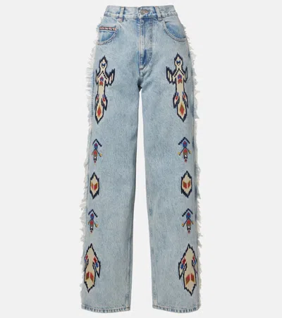 Isabel Marant Étoile Maella Embroidered Fringed Straight Jeans In Metallic