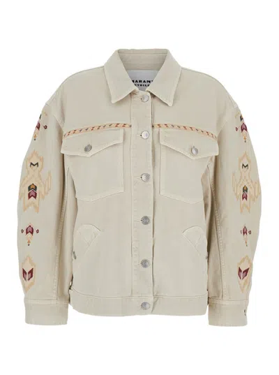 ISABEL MARANT ÉTOILE 'MANONA' BEIGE JACKET WITH EMBROIDERY ON THE SLEEVES AND LOGO PATCH ON THE BACK