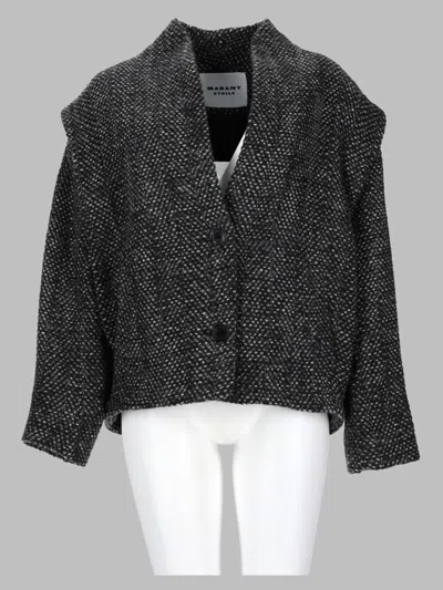 Isabel Marant Étoile Textured Cropped Jacket With Boxy Silhouette And Herringbone Pattern In Black
