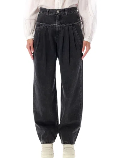 Isabel Marant Étoile Marant Etoile Iniza Wide-leg Pleated Denim Jeans With Fringed Waist Yoke In Black