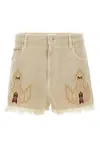 Isabel Marant Étoile Lesia Beige Shorts With Fringed Hem And Embroidered Motif In Denim Woman In Neutral