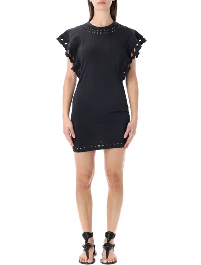 Isabel Marant Étoile Orlane Broderie Anglaise Cotton-jersey Mini Dress In Black