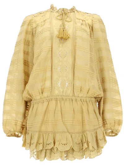 Isabel Marant Étoile Yellow Embroidered Band Collar Mini Dress In Gold