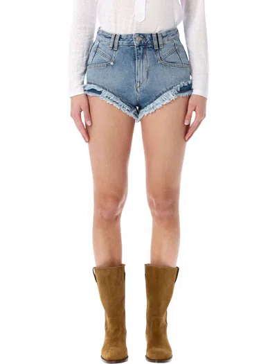 Isabel Marant Étoile Mini Denim Shorts With Fringed Hem In Blue