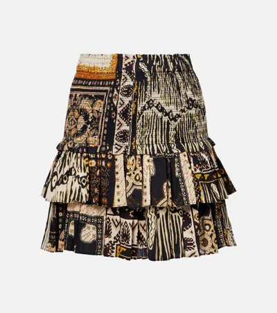 Isabel Marant Étoile Naomi Shirred Printed Cotton Miniskirt In Black / Ochre