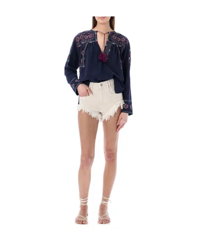 Isabel Marant Étoile Navy Blue Embroidered Poplin Blouse In Multicolor