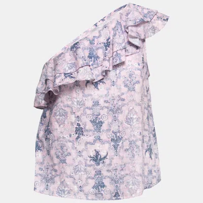 Isabel Marant Etoile Pink Printed Linen One-shoulder Ruffled Top In Purple
