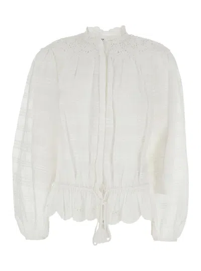 ISABEL MARANT ÉTOILE 'POLLY' WHITE BLOUSE WITH CHOKER NECKLINE AND ADJUSTABLE WAIST WITH DRAWSTRING AND POM POM IN COTTON