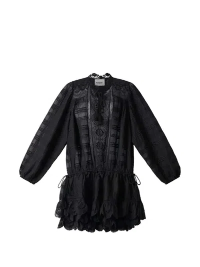 Isabel Marant Étoile Preya Ruffled Dress Features Black Mesh Detail Embroidery Ruffled Drawstring Closure Long Sleeves Co