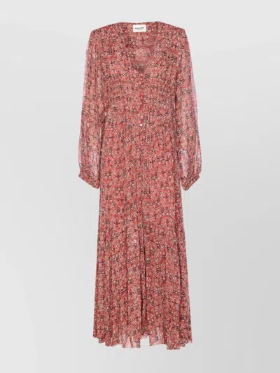 ISABEL MARANT ÉTOILE PRINTED BUTTON DETAIL DRAWSTRING FLOUNCED LIGHTWEIGHT V-NECK DRESS
