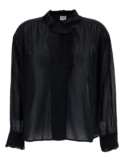 Isabel Marant Étoile Relaxed Black Blouse With Volant In Semi-sheer Cotton Woman