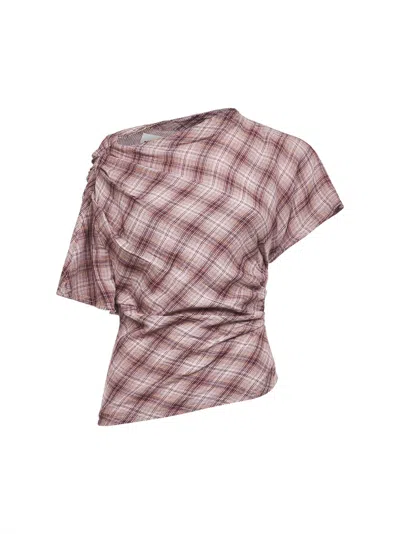 ISABEL MARANT ÉTOILE ROSEWOOD CHECKERED COTTON NEYELA ASYMMETRIC TOP