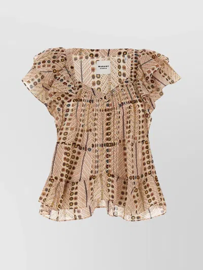 Isabel Marant Étoile Ruffled Sleeve Printed Top With Elastic Neckline In Multi