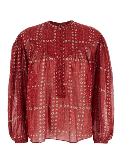 Isabel Marant Étoile 'salika' Red Crewneck Shirt With Puffed Sleeves And All-over Print In Cotton Woman