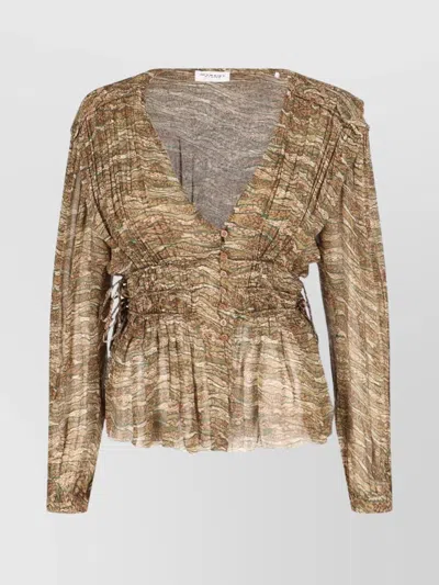 Isabel Marant Étoile Sheer V-neck Ruched Long Sleeve Top In Green