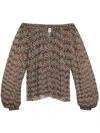 Isabel Marant Étoile Off-the-shoulder Blouse With Voluminous Sleeves And Zigzag Pattern In Brown