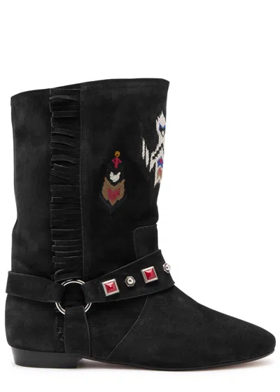 Isabel Marant Étoile Siani Embroidered Suede Mid-calf Boots In Dark Grey