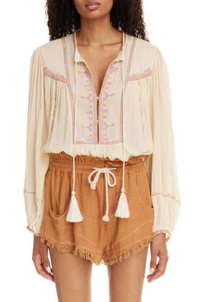 Isabel Marant Étoile Silekia Embroidered Tassel Tie Cotton Top In Neutro