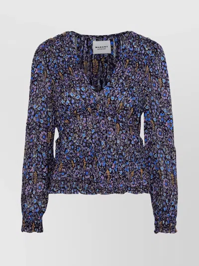 Isabel Marant Étoile Silk Blend Floral Blouse With V Neck In Blue