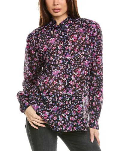 Isabel Marant Étoile Loose Long-sleeve Floral Shirt With Pink Blooms On Black Base In Purple