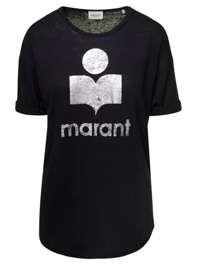 ISABEL MARANT ÉTOILE 'KOLDI' BLACK CREWNECK T-SHIRT WITH CONTRASTING LOGO IN LINEN WOMAN ISABEL MARANT ÉTOILE
