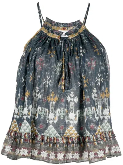 Isabel Marant Étoile Teal Blue/multicolour Flared Geometric-print Halterneck Top
