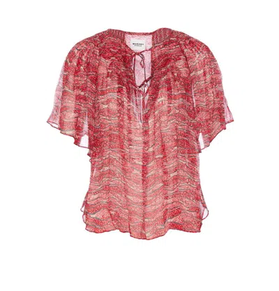 Isabel Marant Étoile Lightweight Printed Ruffled Sleeves Sheer Tie Top In Red