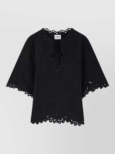 Isabel Marant Étoile Top V Neck Embroidered Scalloped Hem Short Sleeves In Black