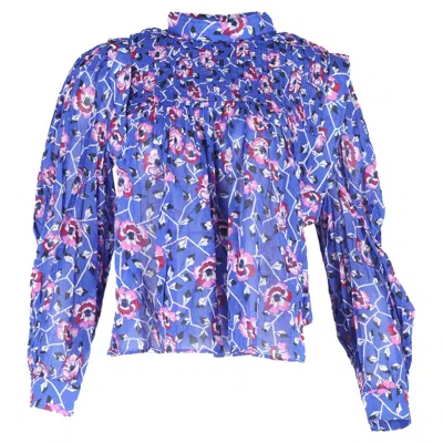 Isabel Marant Etoile Vega Floral Blouse In Electric Blue Pintucked Cotton In Multi
