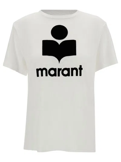 ISABEL MARANT ÉTOILE WHITE CREWNECK T-SHIRT WITH CONTRASTING LOGO PRINT IN LINEN WOMAN
