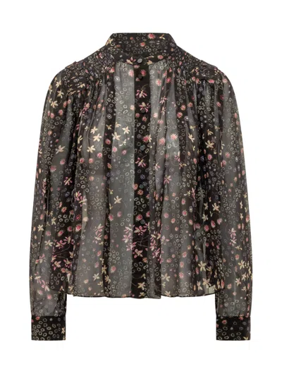 Isabel Marant Étoile Black Sheer Floral Puff Sleeve Viscose Blouse In Multi