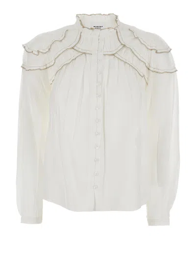 ISABEL MARANT ÉTOILE ISABEL MARANT ETOILE WOMEN 'CHRISTA' WHITE BLOUSE WITH HIGH NECK AND RUCHED NECKLINE IN COTTON BLEND