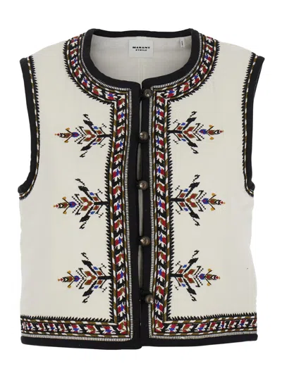 Isabel Marant Étoile Isabel Marant Etoile 'zeana' White Gilet With Round Neck And Geometric Embroidery In Cotton And Visc