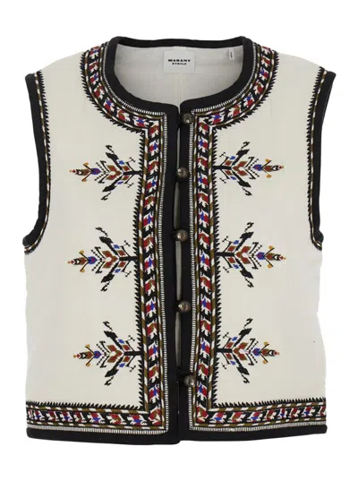 ISABEL MARANT ÉTOILE 'ZEANA' WHITE GILET WITH ROUND NECK AND GEOMETRIC EMBROIDERY IN COTTON AND VISCOSE BLEND WOMAN