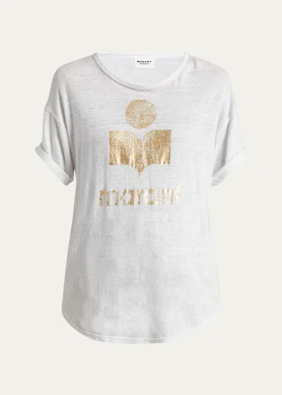 Isabel Marant Étoile Zewel Crewneck Logo Tee In White/light Gold