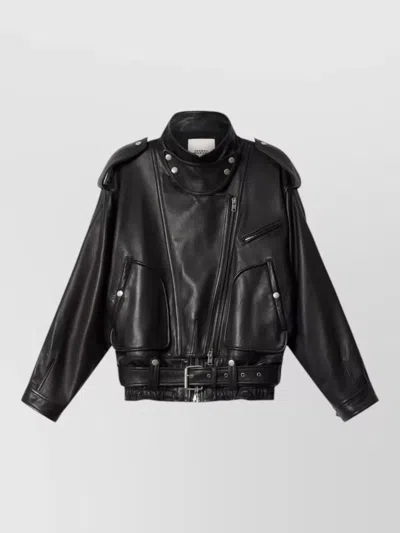 Isabel Marant Farza Leather Coat Belted Waist Epaulettes In Black