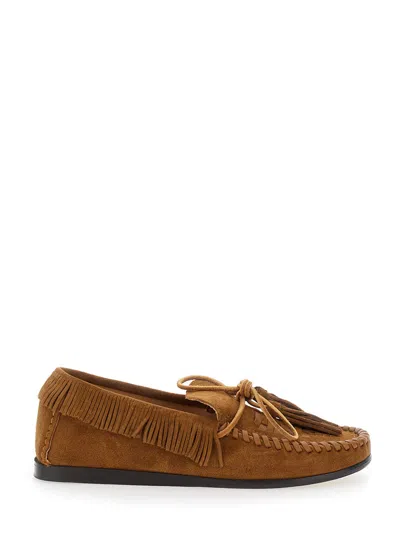 ISABEL MARANT FITZA BROWN LOAFERS WITH FRINGED DETAILS AND FRONT BOW IN SUEDE WOMAN