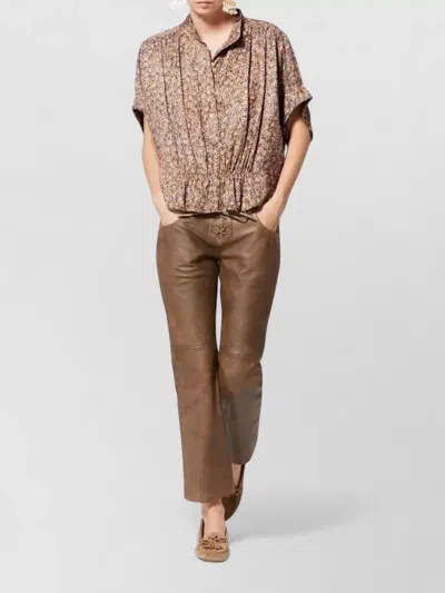 Isabel Marant Floral Collared Top Short Sleeves Pleated In Brown