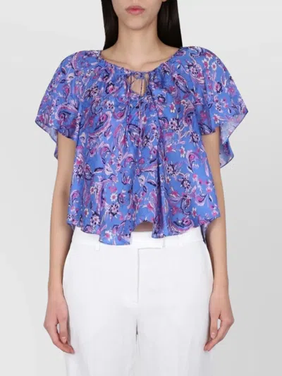 Isabel Marant Floral Keyhole Ruffled Sleeve Top In Blue
