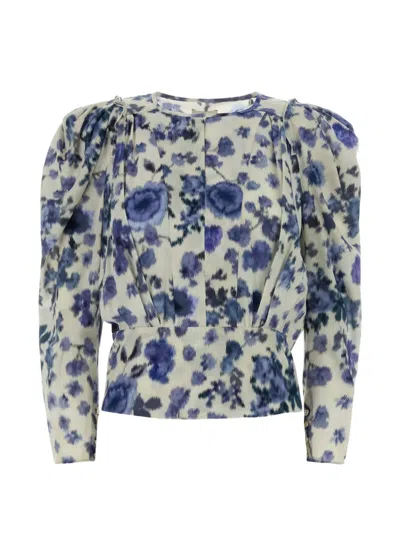 Isabel Marant Zarga Pleated Floral-print Silk-blend Blouse In Blue