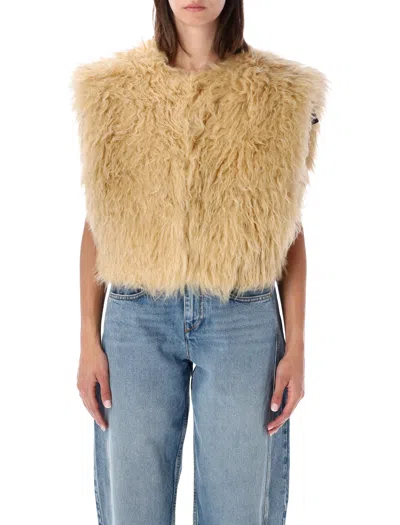 Isabel Marant Florana Faux Fur Gilet Vest With Collarless Design, Side Pockets & Hook Closure In Pale Yellow
