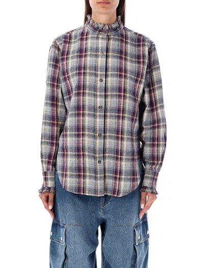 Isabel Marant Frilled-collar Plaid Shirt In Gray