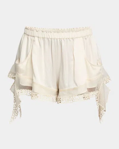 Isabel Marant Frilly Embroidered Ruffle Silk Shorts In White