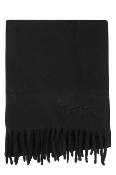 Isabel Marant Fringed Black Scarf With Embossed Logo Detail