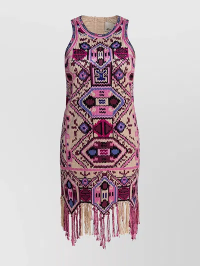 Isabel Marant Fringed Embroidered Geometric Scoop Sleeveless Dress In Multi