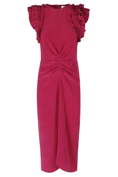 Isabel Marant Fuchsia Teriany Gd Ruffled-sleeve Fitted Silk Midi Dress In Red