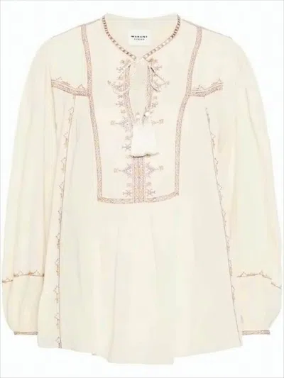 Isabel Marant Geometric Embroidered Cotton Blouse With Puffed Sleeves In Neutral