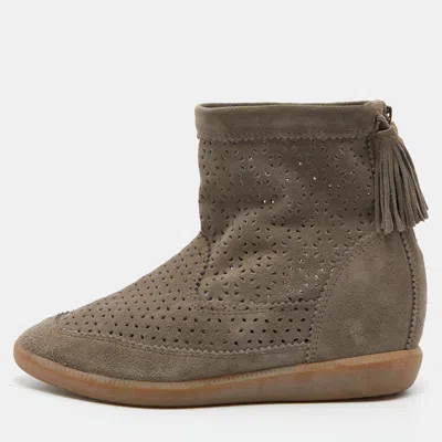 Isabel Marant Grey Cutout Suede Tassel Embellished "beslay" Wedge Ankle Boots In Brown